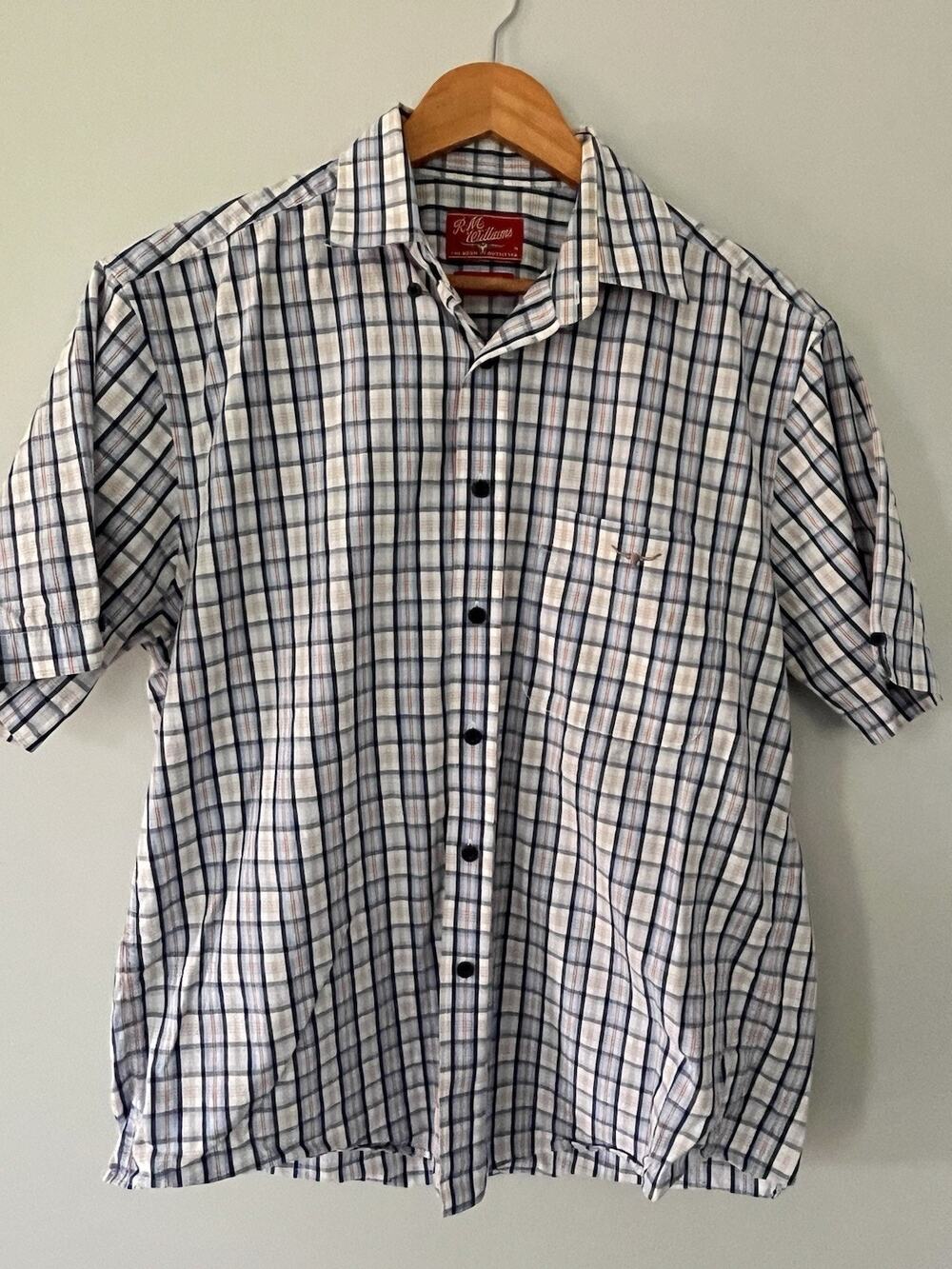 RM Williams White Blue Plaid Cotton Shirt Mens Medium